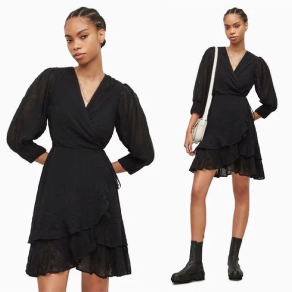 AllSaints Black Ari Ossia Long Sleeve‎ Wrap Mini Dress Embroidered
